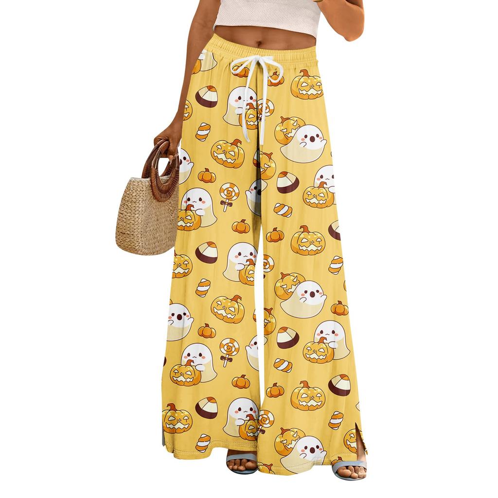 Women Summer Boho Palazzo Pants High Waist Wide Leg Halloween Printing Casual Trousers With Pockets