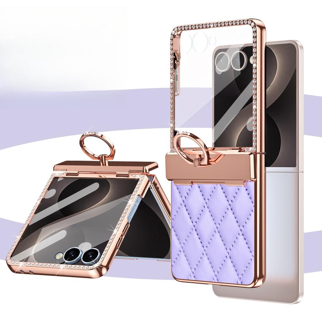 Moderne Rauten-Leder-Schale mit integrierter Folie und Diamant-Design für Samsung Z Flip 8 7FE 6 5 4 3, mit Ringhalter-Ständer, stoßfeste Hülle