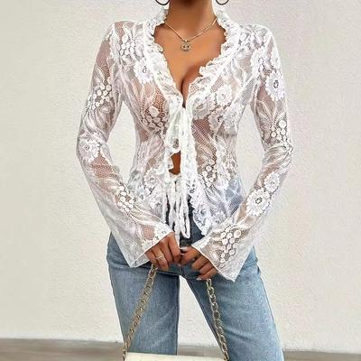 Spring and Summer Women's Sexy Slim Lace V-Neck Cardigan Long Sleeve