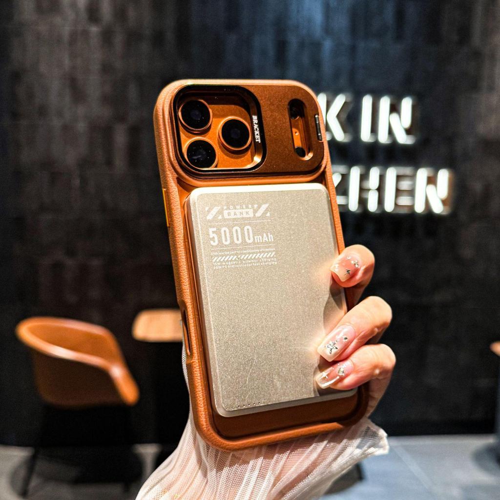 Compatible with Apple 17 Promax: Leather Texture Magnetic Case, iPhone 16 PM Lens Stand, and iPhone 15 Frosted Protective Cover.