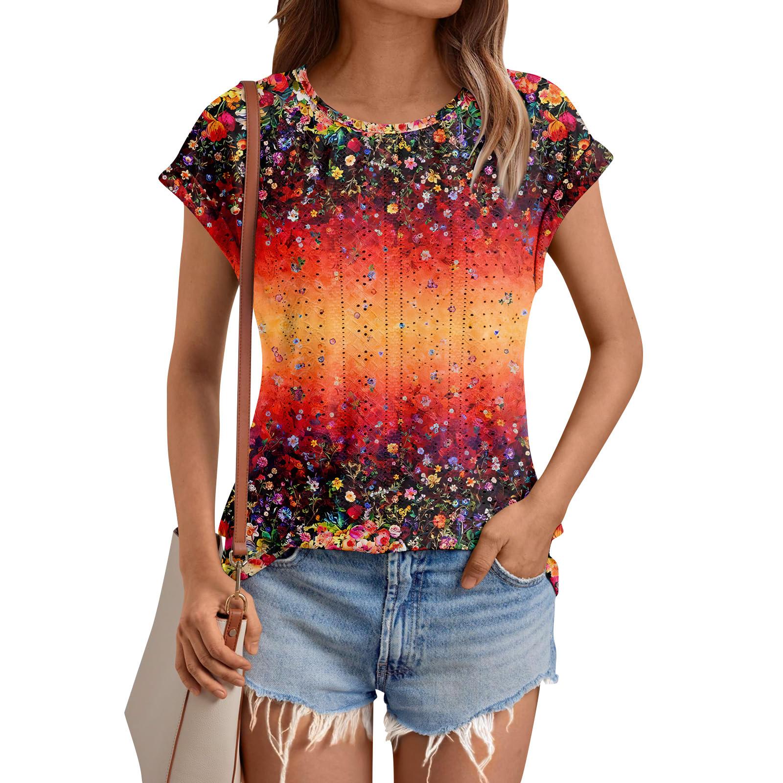 

Женские топы, футболки с коротким рукавом, блузки с принтом, нарядные повседневные ажурные вышивки, летняя модная одежда XXL шафрановый