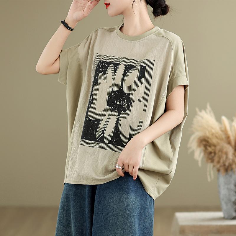 

DIMANAF 2025 Новая летняя футболка больших размеров для женщин, с круглым вырезом, принтом, коротким рукавом, свободные топы, футболки, макси One Size хаки