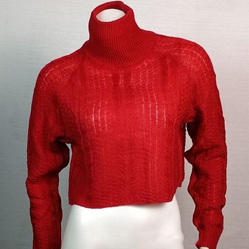 High Collar Knit Long Sleeve Short Top Turtleneck Knitting Long Sleeve Short Top