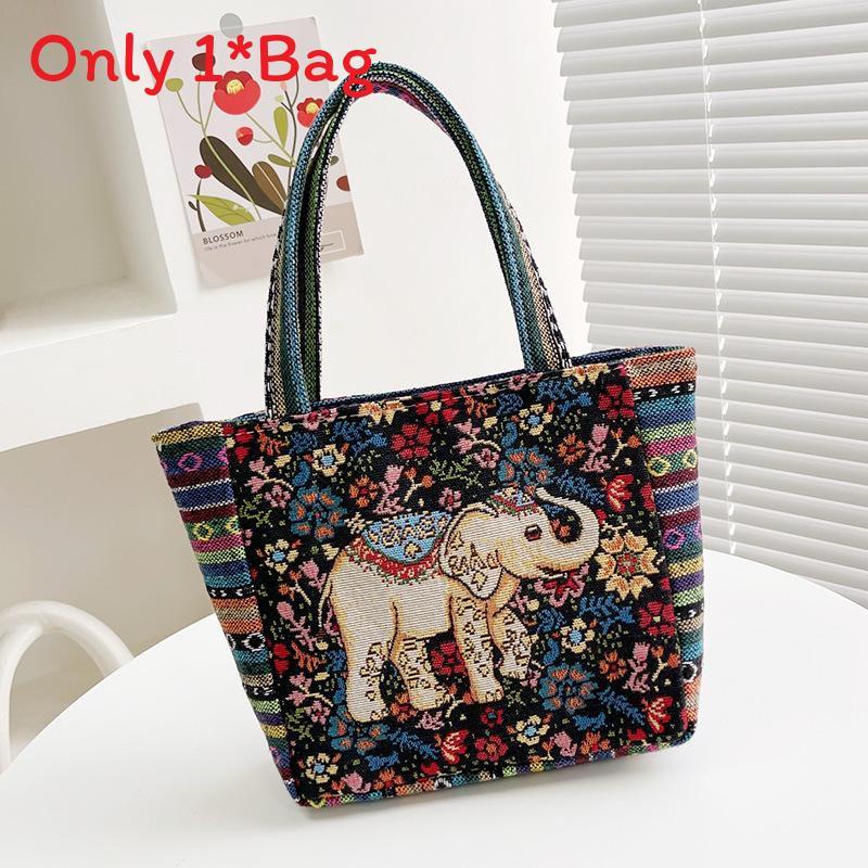 Elephant Embroidered Canvas Handbag With Dual Handles For Casual Daily Use