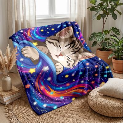 Space Cat Dreams Theme Blanket Lightweight Warm Flannel Blanket Decorative Throw Blanket for Home Decoration