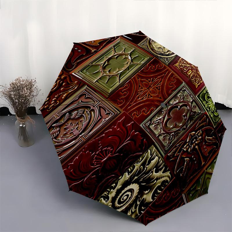 Decorative Tiles Art Nouveau Patterns Themed Automatic Opening and Closing Umbrella, Brightly Colored 8 rib Portable Umbrella, Suitable for