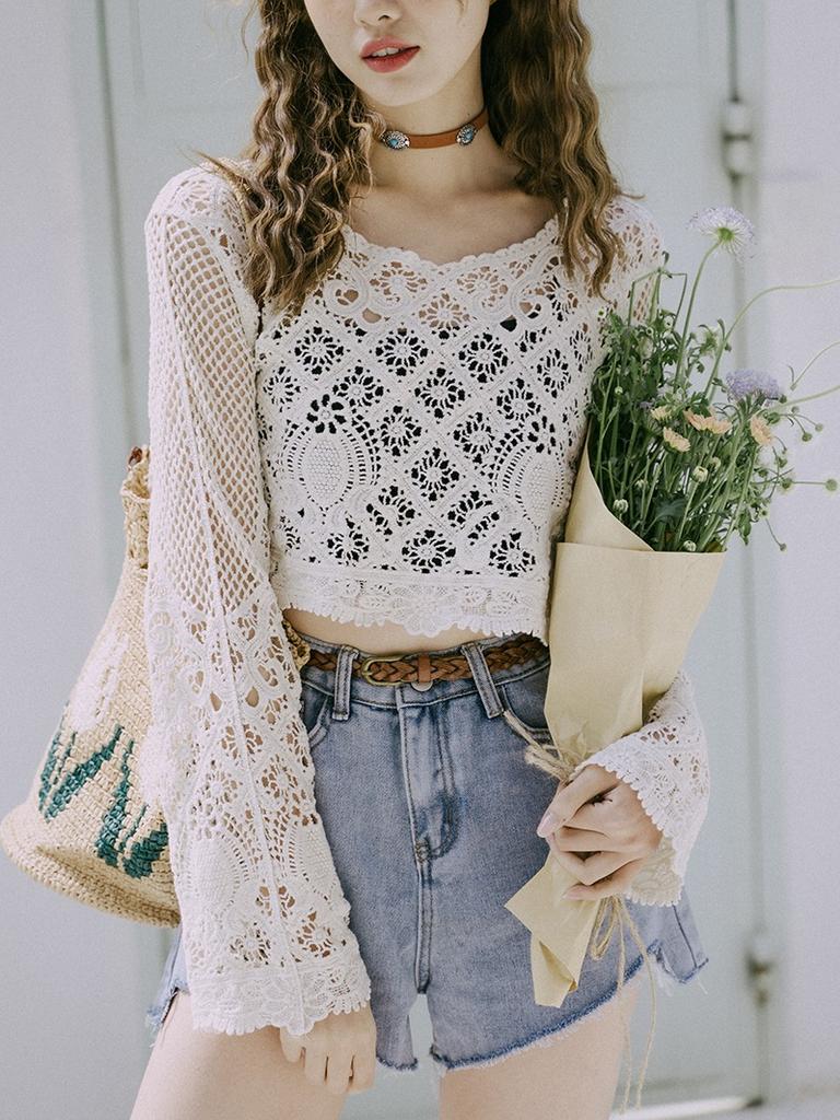 Women's Hollowed Out Cover-up Short Section Waistless Seaside Holiday Sun Shirt Long-sleeved Bohemian