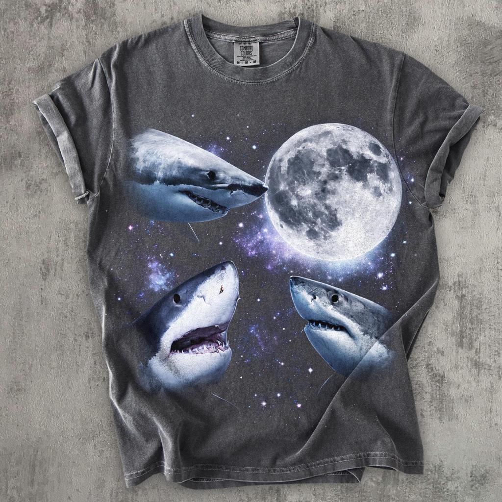 Shark Moon Galaxy T-Shirt, Space Shark Graphic Tee, Ocean Animal Shirt, Aesthetic Shark Tee, Great White Shark Shirt, Cosmic Art Tee