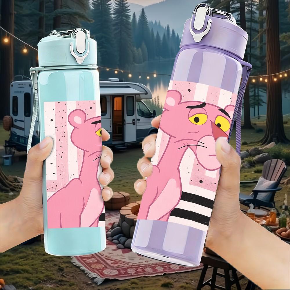 1 PZ Personaggio Cartone Animato Pantera Rosa 750ml Bottiglia d'Acqua Sportiva in Plastica Colorata Tappo Flip con Cannuccia Anti-perdita Adatta per Sport Ufficio Uso Domestico