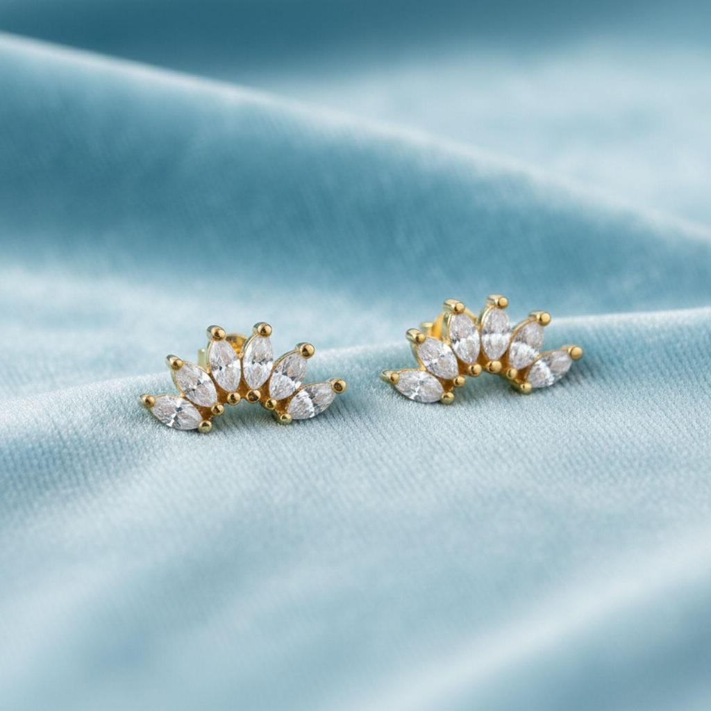 Marquise Fächer Cluster Ohrstecker - 925 Sterling Silber Gelb Vergoldet