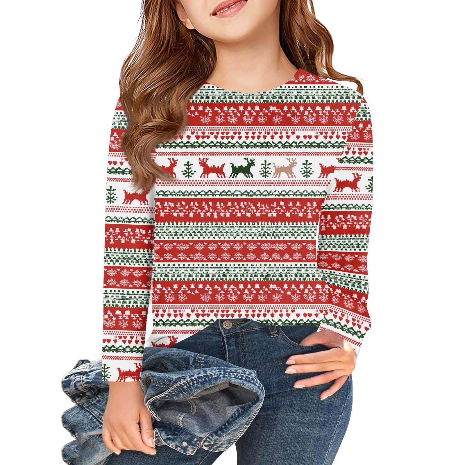 

Рождественские футболки с длинным рукавом для девочек, детские осенние топы с круглым вырезом и принтом, базовые футболки 130