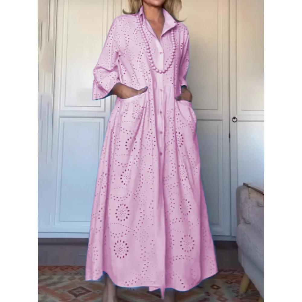 Spring and Autumn Solid-color Shirt Collar Loose Embroidered Cutout Large-sized Shirt Dress