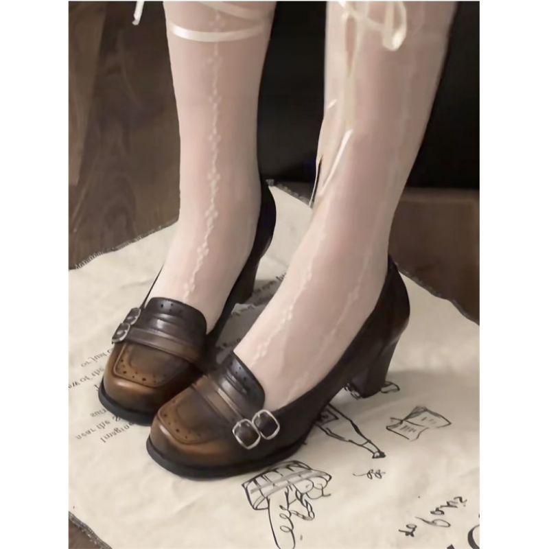 Thick Heel Loafers European 100-buckle Year-old High Heel Mary Jane Small Leather Shoes with Skirt