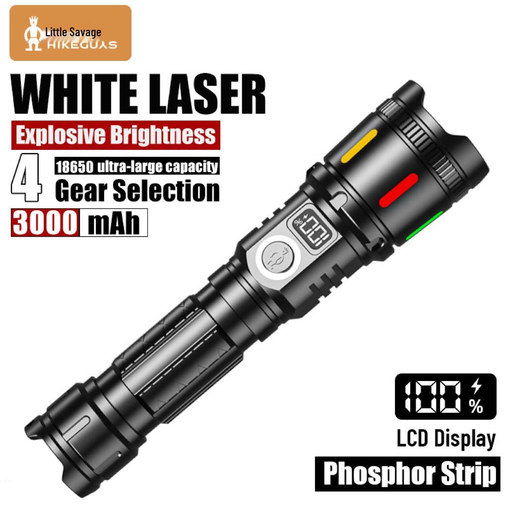 Portable Long-Range LED Laser Flashlight with Digital Display and Emergency Charging for Outdoor Patrol and Flood Control