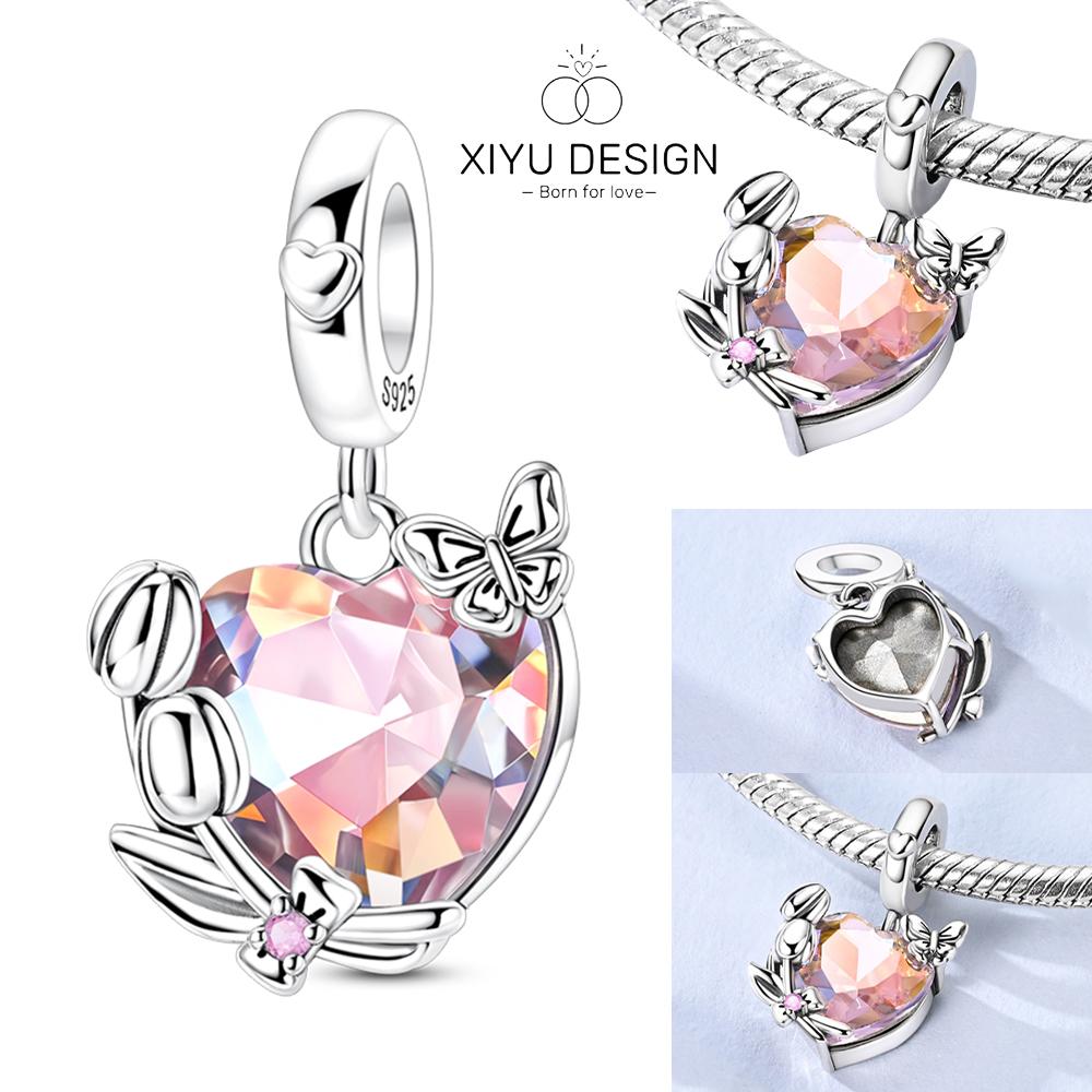 Copper Sparkling Zircon Heart Tulip Pendant Designed Original Beads For Jewelry Making Charms Bracelet Necklace Women Gift