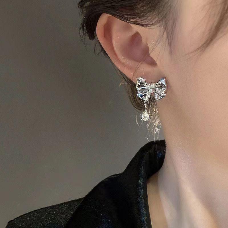 952 Silver Needle Luxury Bow Pearl Drop Earring - Japanese Korean Sweet Style 