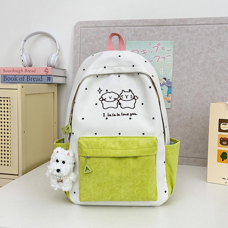 Soft Girl Dot Pattern Nylon Backpack With Cartoon Puppy And Polka Dot Print Designfor Teens And Adults