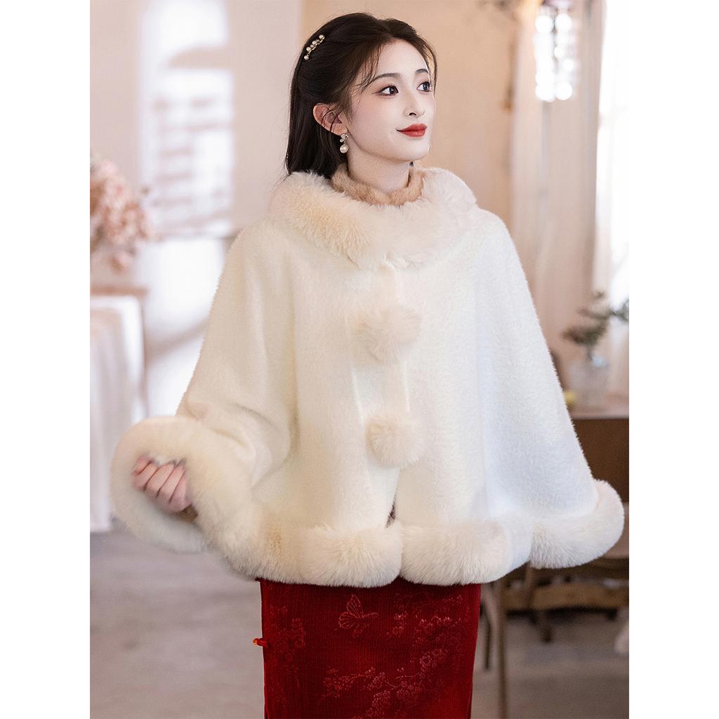 Soft and Glutinous Plush Shawl with Cheongsam, Winter Thickened Warm Toasting Clothes, Bridal Wedding Cape