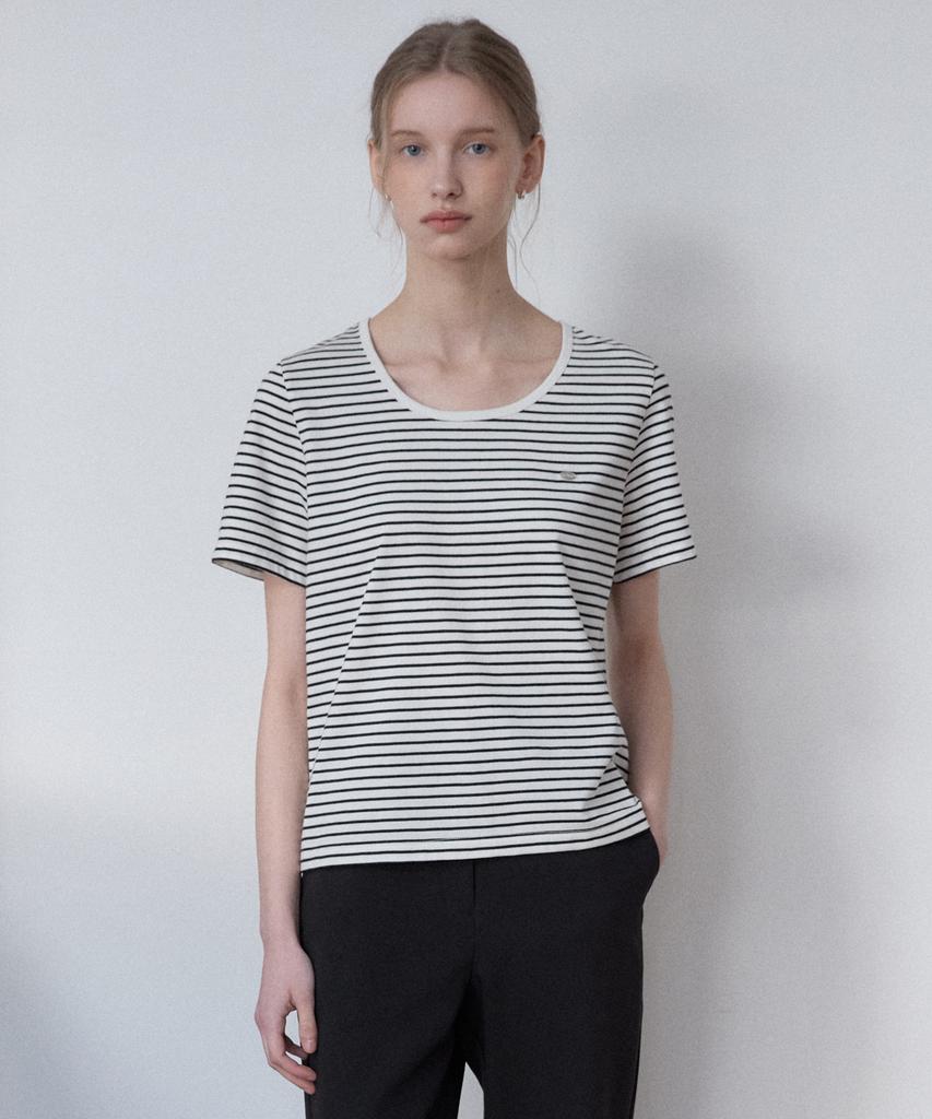 OURHOPE Logo Striped U-Neck T-Shirt - Black