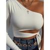 Women Lady Bandage Slim Tee Tops Long Sleeve One-shoulder Bow-tie Elastic Solid T Shirt Cold Shoulder Sexy Crop Top Club Street