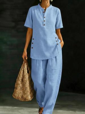 2026 European & American Casual Button-down Shirt and Wide-leg Pants Linen Set