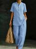 2026 European & American Casual Button-down Shirt and Wide-leg Pants Linen Set