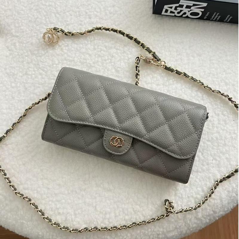 2026 New Caviar Patterned Cowhide Long Three Fold Wallet Hand-held Bag Chain Strap Crossbody Genuine Leather Women's