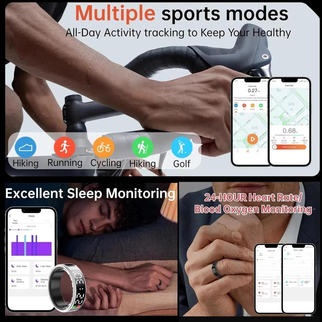 Touch Screen Smart Ring for Men Women, 2024 New Fitness Ring with Heart Rate Monitor Sleep Monitor Step Blood Oxygen Tracker,Remote Photography,IP68