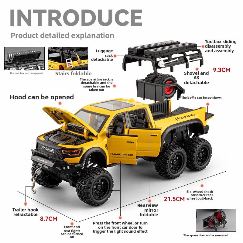 Diecast 1/24 Ram Mammoth 1000 Alloy Car Model Simulation Pickup Truck Off-road Vehicle Model Boy's Toy Collection Ornament Gift