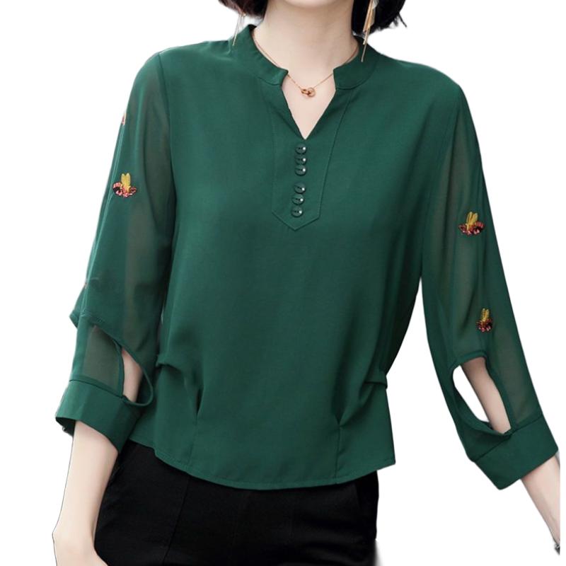 Damen Lässiger Pullover im koreanischen Stil mit Polokragen Locker Bestickte Chiffonbluse