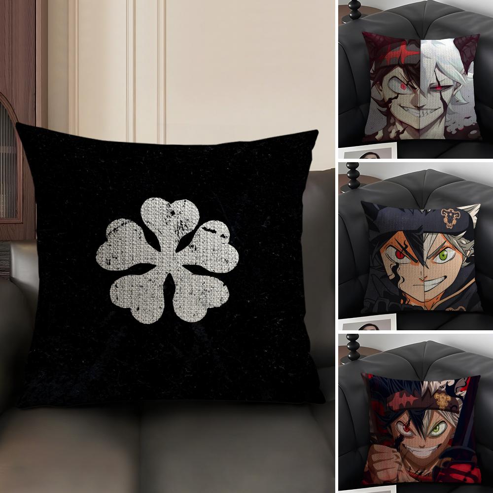 B-Black C-Clover Anime Cushion Cover Natural Linen Organic Fabric Double-Sided Printing Sofa Home Decor Gift Pillow Case