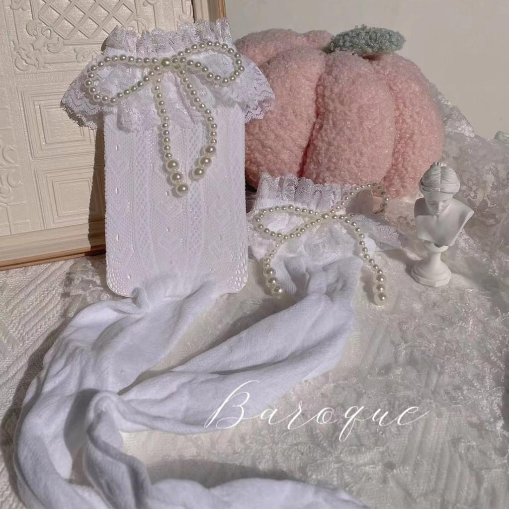Cotton Lolita Stockings With Pearl Bow Decor For Winter Fashion