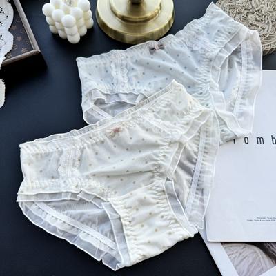 Female Spring and Autumn Lovely Polka Dot Lace Edge Ice Silk Panties