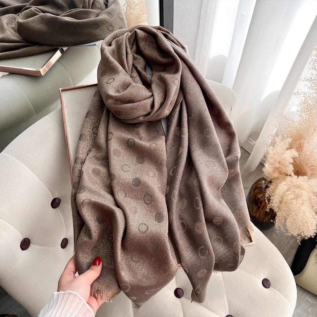 New Spring and Autumn Women Elegance Print Shawl Brand Designer Lady Golden Thread long Scarf Muslim Wrap Headscarf Pashmina
