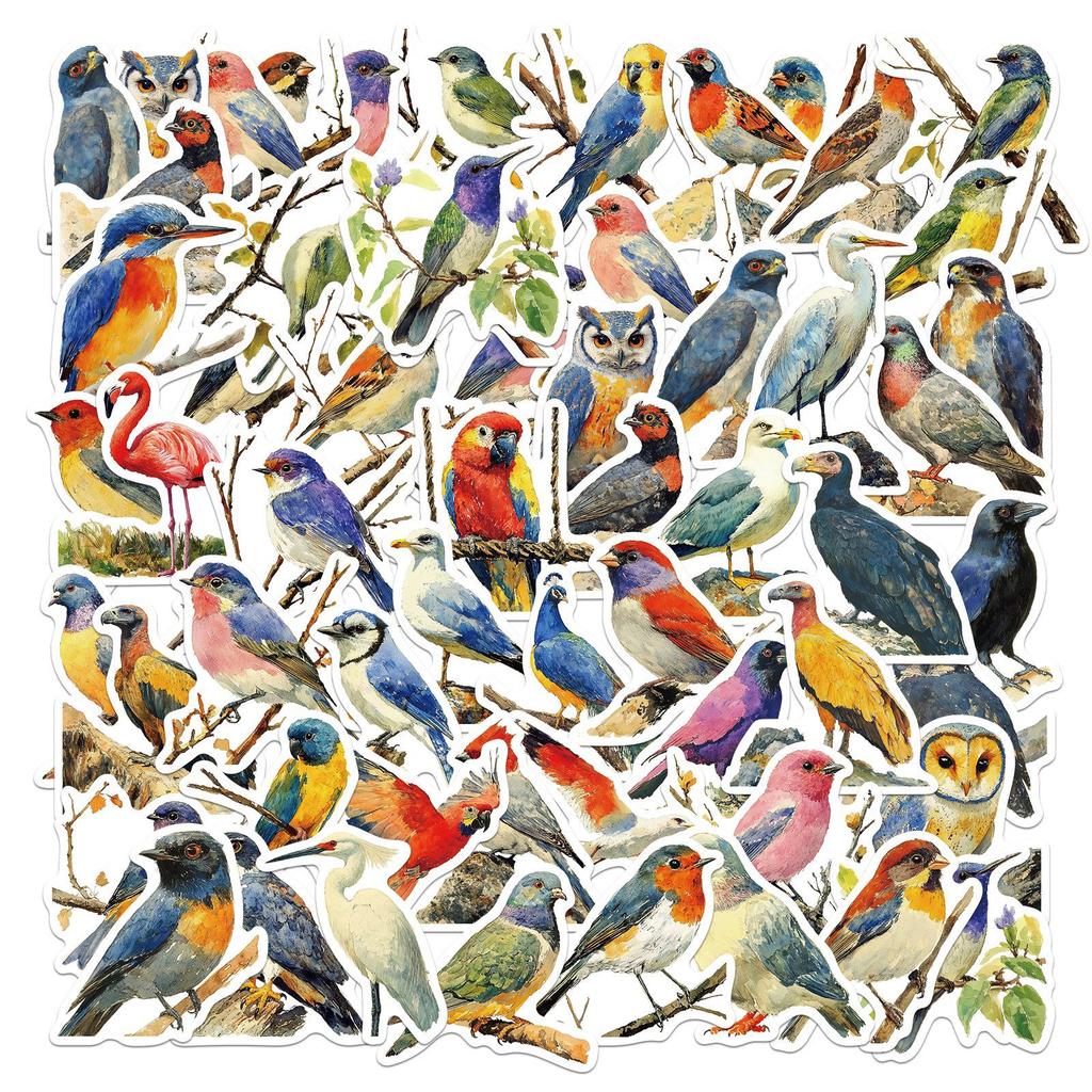 50Pcs Watercolor Bird Handmade Account Stickers DIY Luggage Refrigerator Water Cup Waterproof Sticker Laptop Guitar Decoration