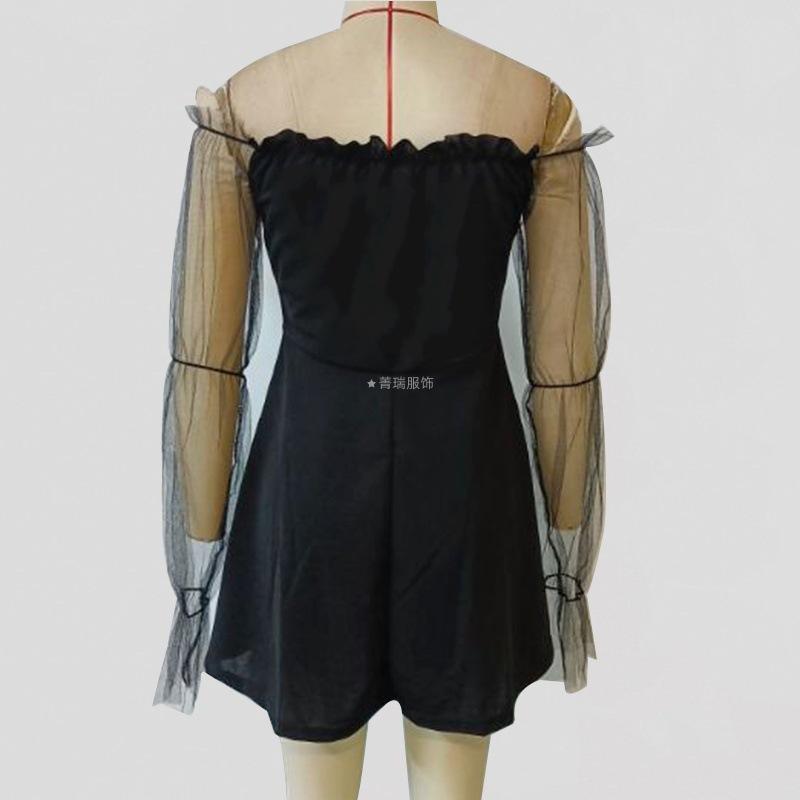 Letní dámské čisté gázové patchworkové šaty s čtvercovým výstřihem, balónovými rukávy a halterovým střihem, malé černé šaty