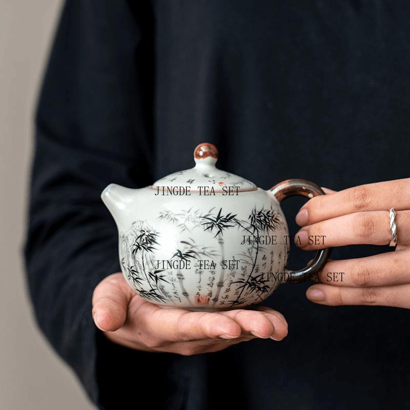 

240ml Ceramic Ru Kiln Ink Bamboo Teapot Home Office Teapot Chinese Retro Kung Fu Tea Set