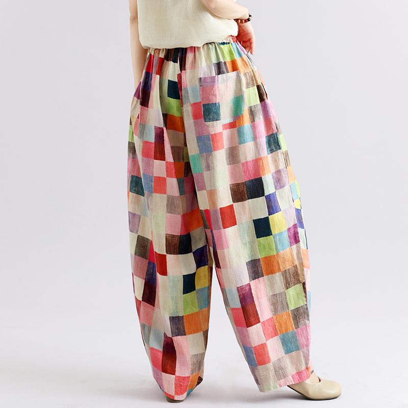 DIMANAF 2026 Autumn New Plus Size Women Long Pants Print Floral Cotton Linen Vintage Loose Elastic Waist Casual Lady Bottoms