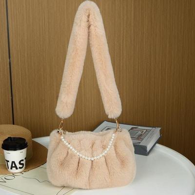 Sac à bandoulière carré froissé pour femme, petit sac à bandoulière en fourrure douce et pelucheuse, élégant sac à main avec chaîne de perles, nouveauté 2024