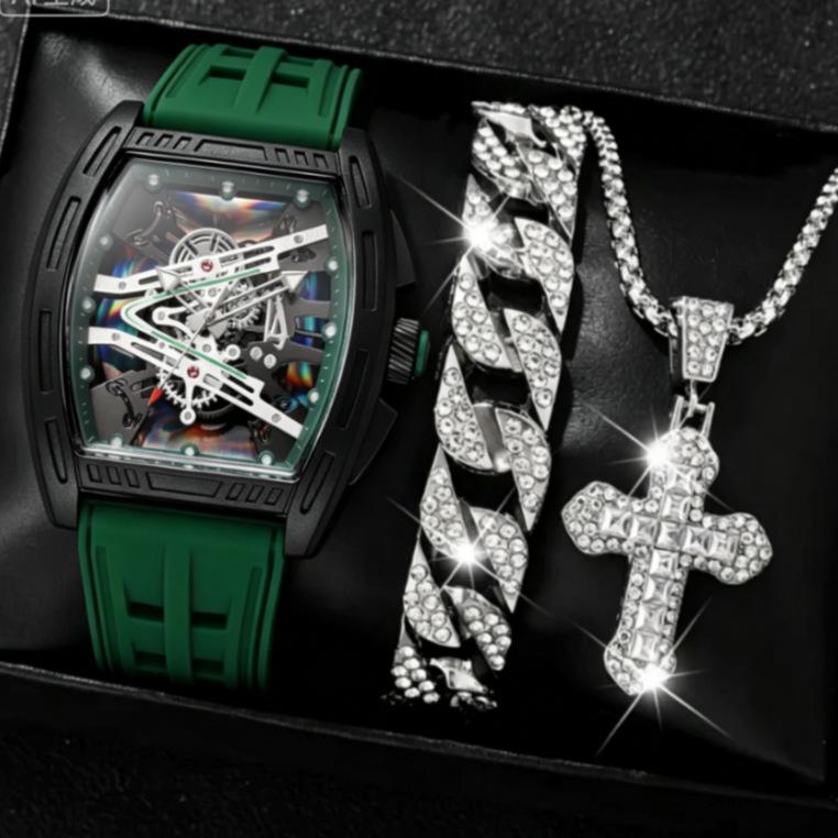 Geneva Men's Steel Band Fashion Calendar Wristwatch - Bestseller Personalized Business Set