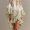 Women's Round Neck Long Bell Sleeve Loose Fit Asymmetrical Hem Printed Mini Dress Bohemian Casual Dress