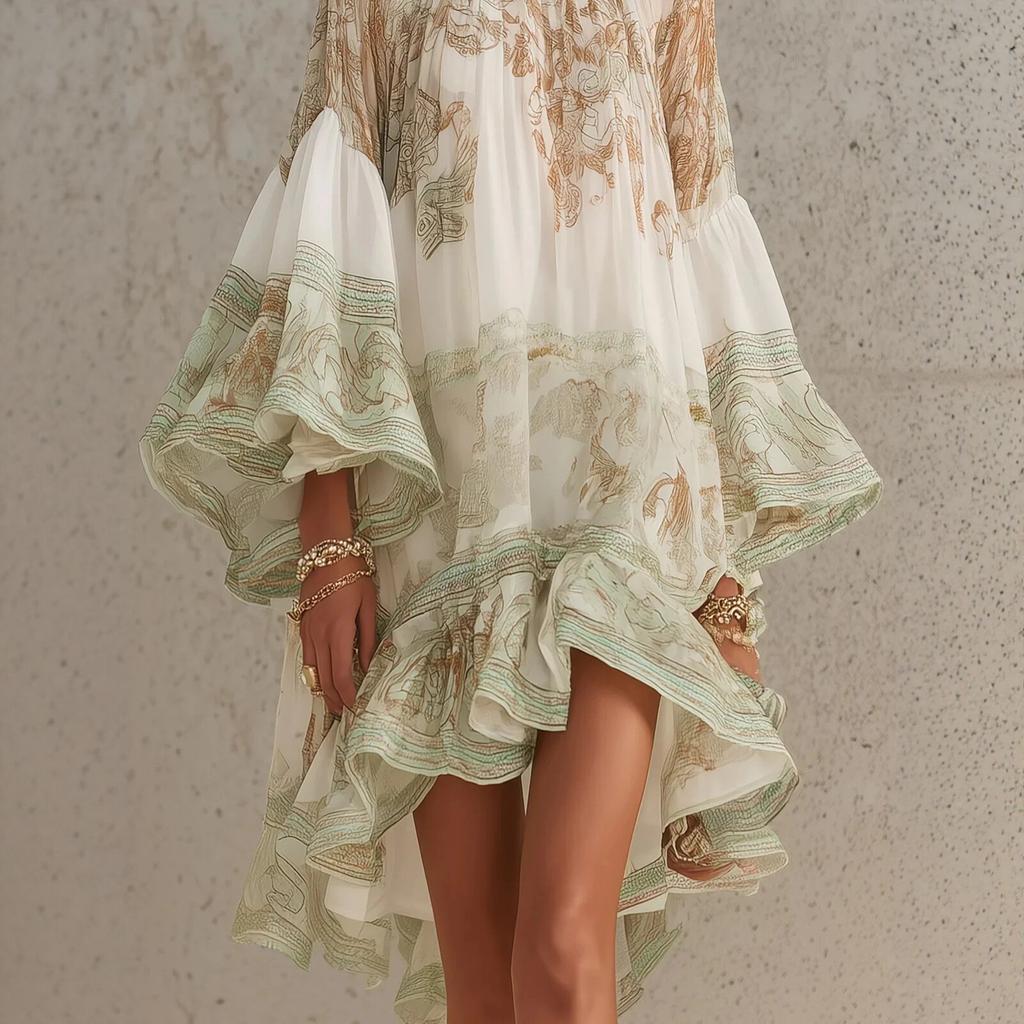 Women's Round Neck Long Bell Sleeve Loose Fit Asymmetrical Hem Printed Mini Dress Bohemian Casual Dress