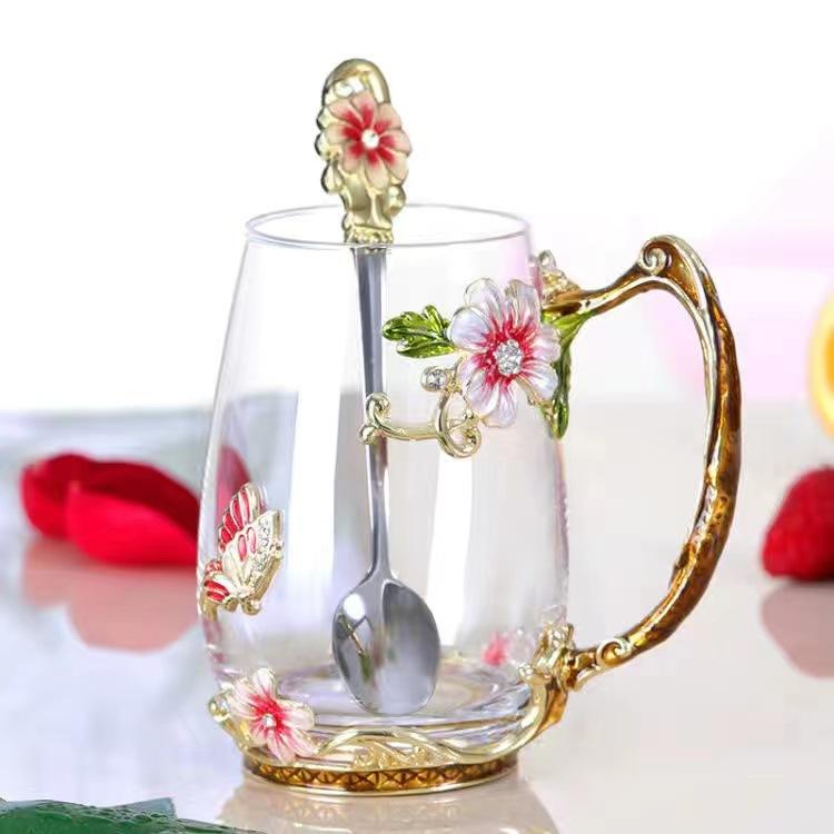 Household Enamel Colored Flower Glass Water Cup Round Coffee Cup Breakfast Milk Juice Cup