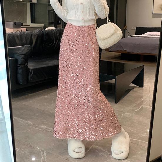Women Skirt Solid Color Shiny Sequin Decoration Midi Skirt Elastic High Waist Back Slit Design Skirt Beach Weddings Skirt