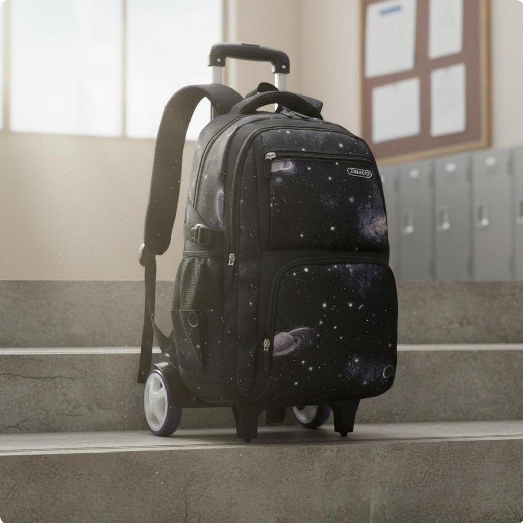 Large Capacity Rolling School Backpack Lightweight Kids Trolley for Students, Travel Black