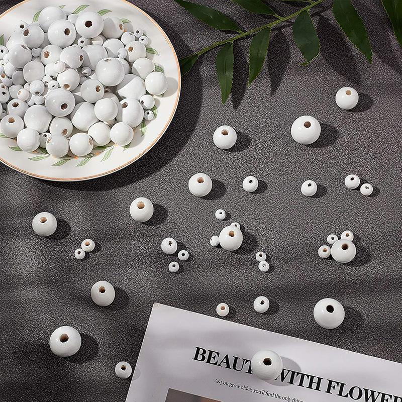 100pcs White Round Wooden Beads Natural Unfinished Loose Beads Wooden Spacers for DIY Crafts Jewelry Making