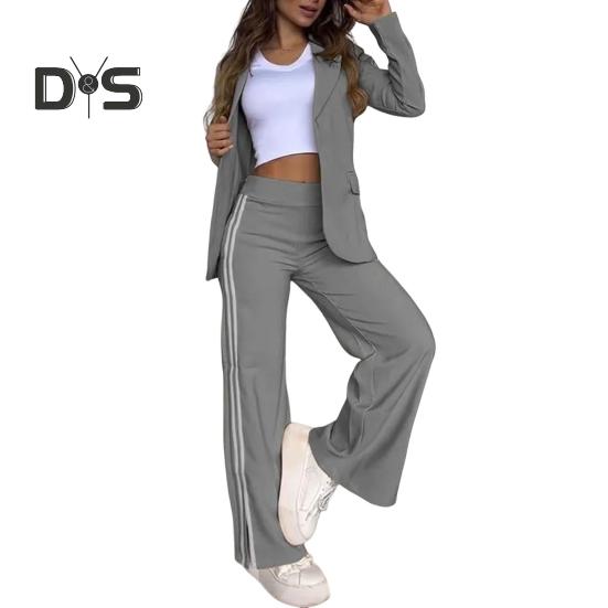 2 Pcs/Set Lady Formal Coat Pants Set Turn-down Collar Long Sleeves Jacket Loose Striped Wide Leg Trousers Casual Daily Wear Commuting Outfit