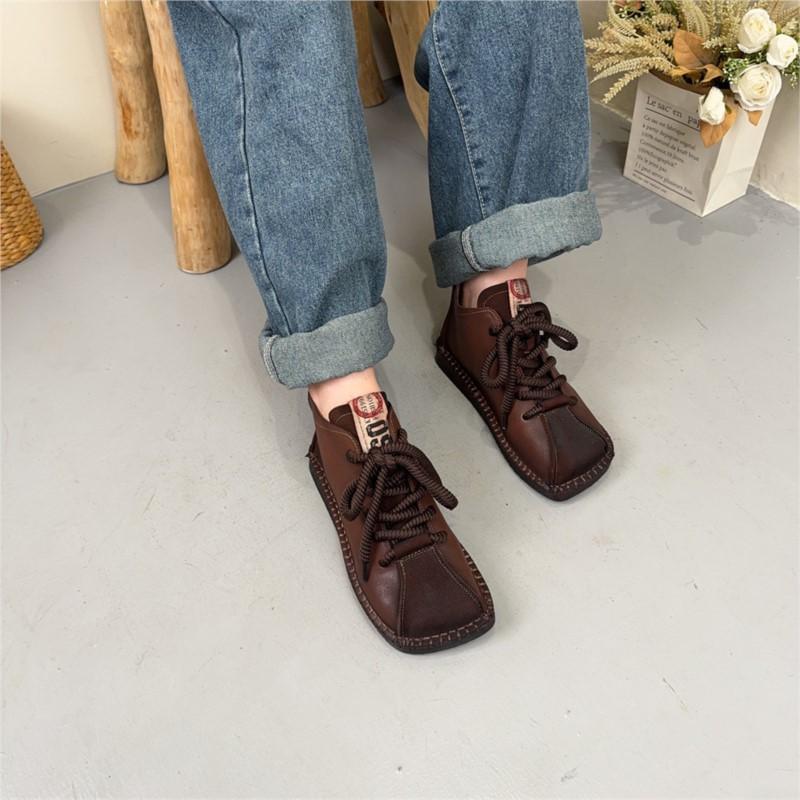 Johnature Genuine Leather Square Toe Retro Short Boots Lace Up Flat Bottom Women's Shoes