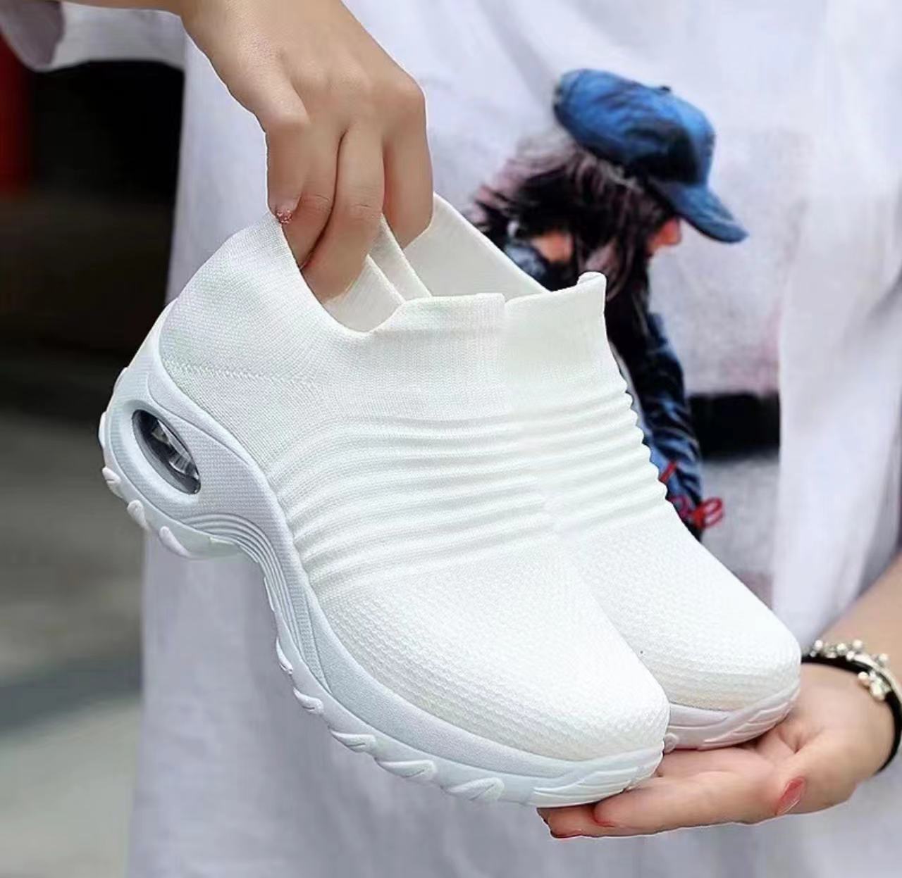 

Кроссовки на воздушной подушке большого размера, износостойкие, модные, туфли-качалки, повседневная обувь, носки, обувь женская 42 белый