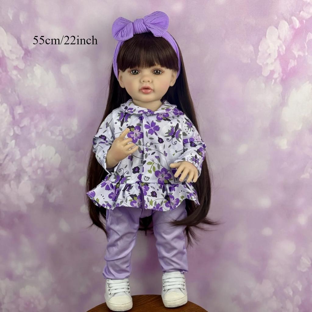 BZDOLL 55 CM 22inch Full Vinyl Body Reborn Baby Doll For Girl Dress Up Black Long Hair Princess Toddler Dolls Lifelike Handmade Birthday Gift Bath Toy